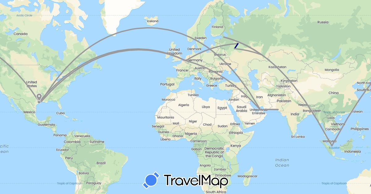 TravelMap itinerary: driving, plane in United Arab Emirates, Belgium, Pakistan, Russia, Singapore, United States (Asia, Europe, North America)
